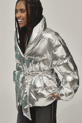 Endless Rose Metallic Puffer Coat Jacket In Silver