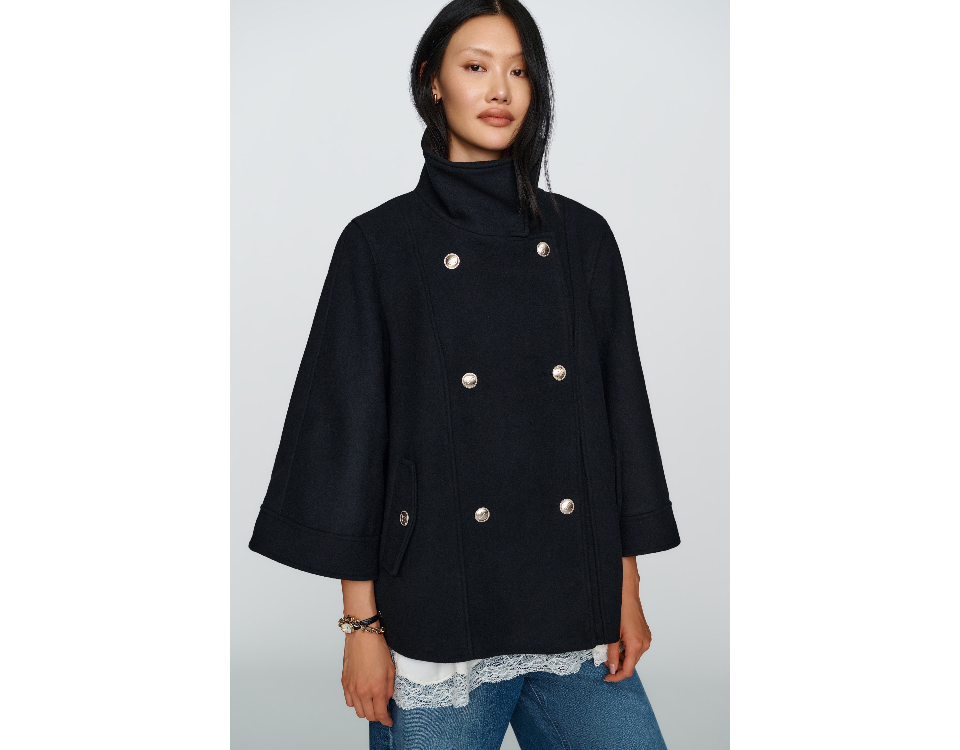 Maeve Moore Wool Blend Funnel Neck Cape Coat
