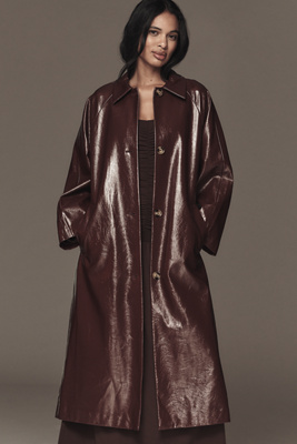 Frnch Halimi Patent Faux-leather Trench Coat Jacket In Brown
