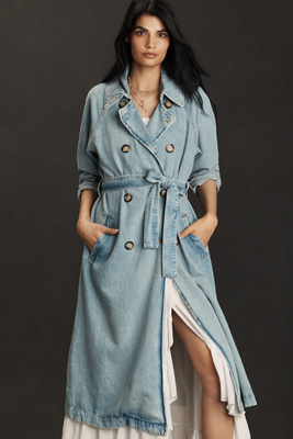 Pilcro Denim Trench Coat Jacket In Blue