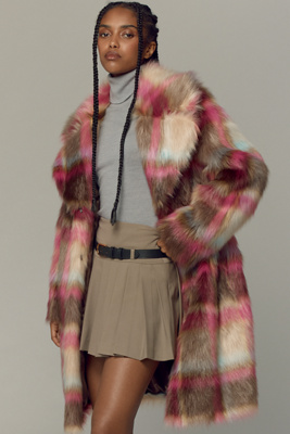 Nvlt Plaid Faux-fur Luxious Coat Jacket In Multicolor