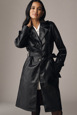 Nvlt Belted Faux Leather Trench Coat In Black