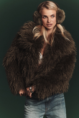 Nvlt Crop Fringe Faux-fur Coat Jacket In Brown