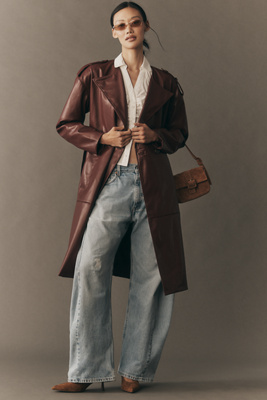 Faux Leather Belted Trench Coat Jacket