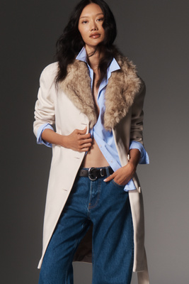 Ellen Tracy Faux Fur Collar Wrap Coat Jacket In Brown