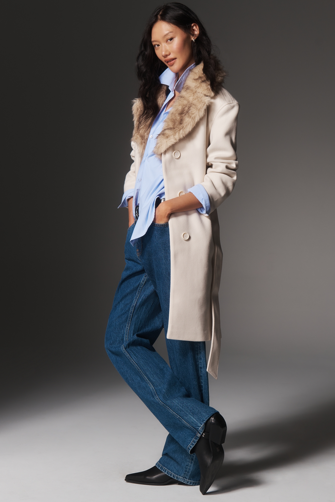 Ellen Tracy Faux Fur Collar Wrap Coat