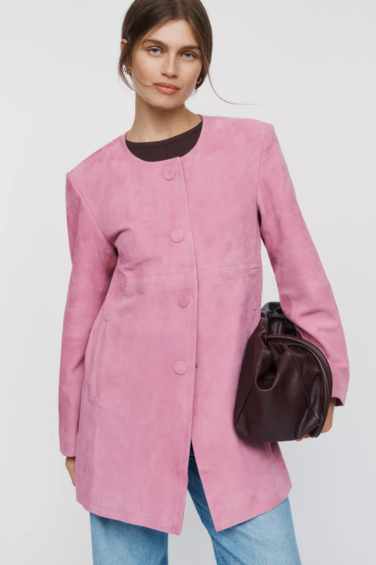 Maeve Suede Collarless Coat