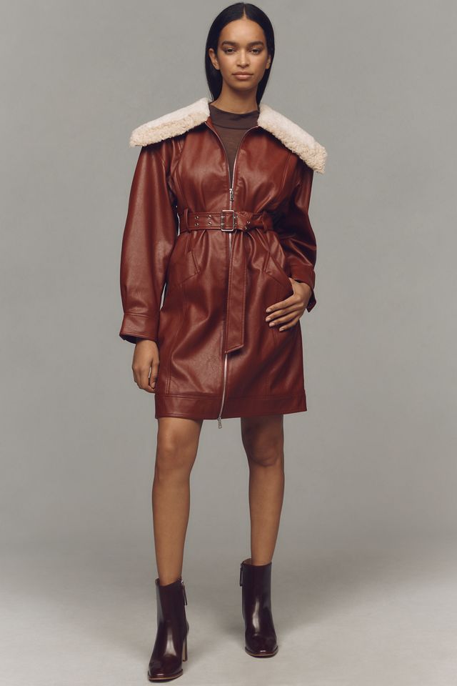Maeve Oversized Collar Faux-Leather Belted Coat #1