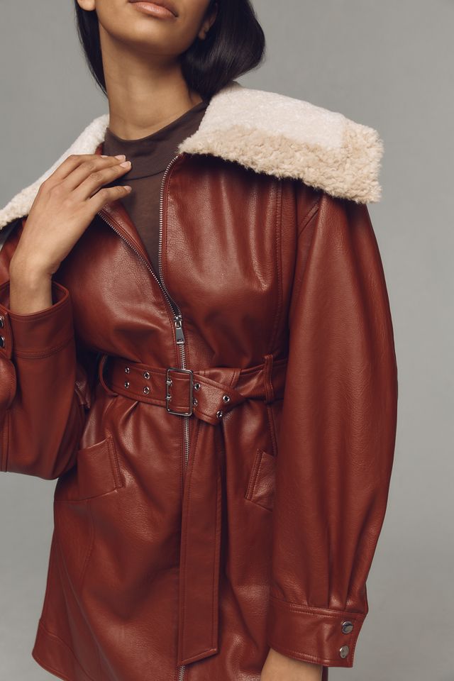 Maeve Oversized Collar Faux-Leather Belted Coat #2
