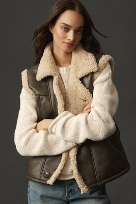 By Anthropologie Faux-leather Sherpa Fleece-lined Vest Jacket In Brown