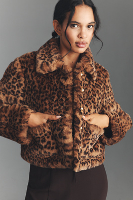 Maeve Faux-fur Leopard Crop Jacket In Brown