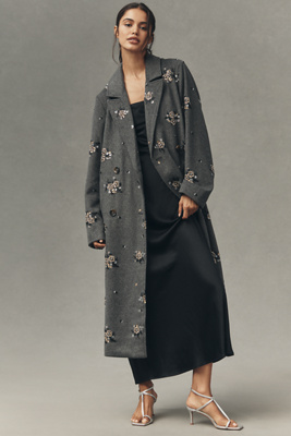 By Anthropologie Embellished Wool Blend Coat Jacket In Gray
