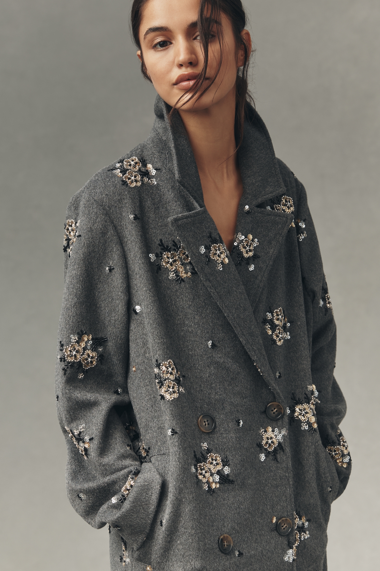 By Anthropologie Embellished Wool Blend Coat