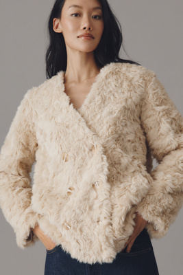 Maeve Faux Fur Collarless Double-breasted Jacket In Sand