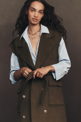 By Anthropologie Wool Blend Long Military Vest Jacket In Green