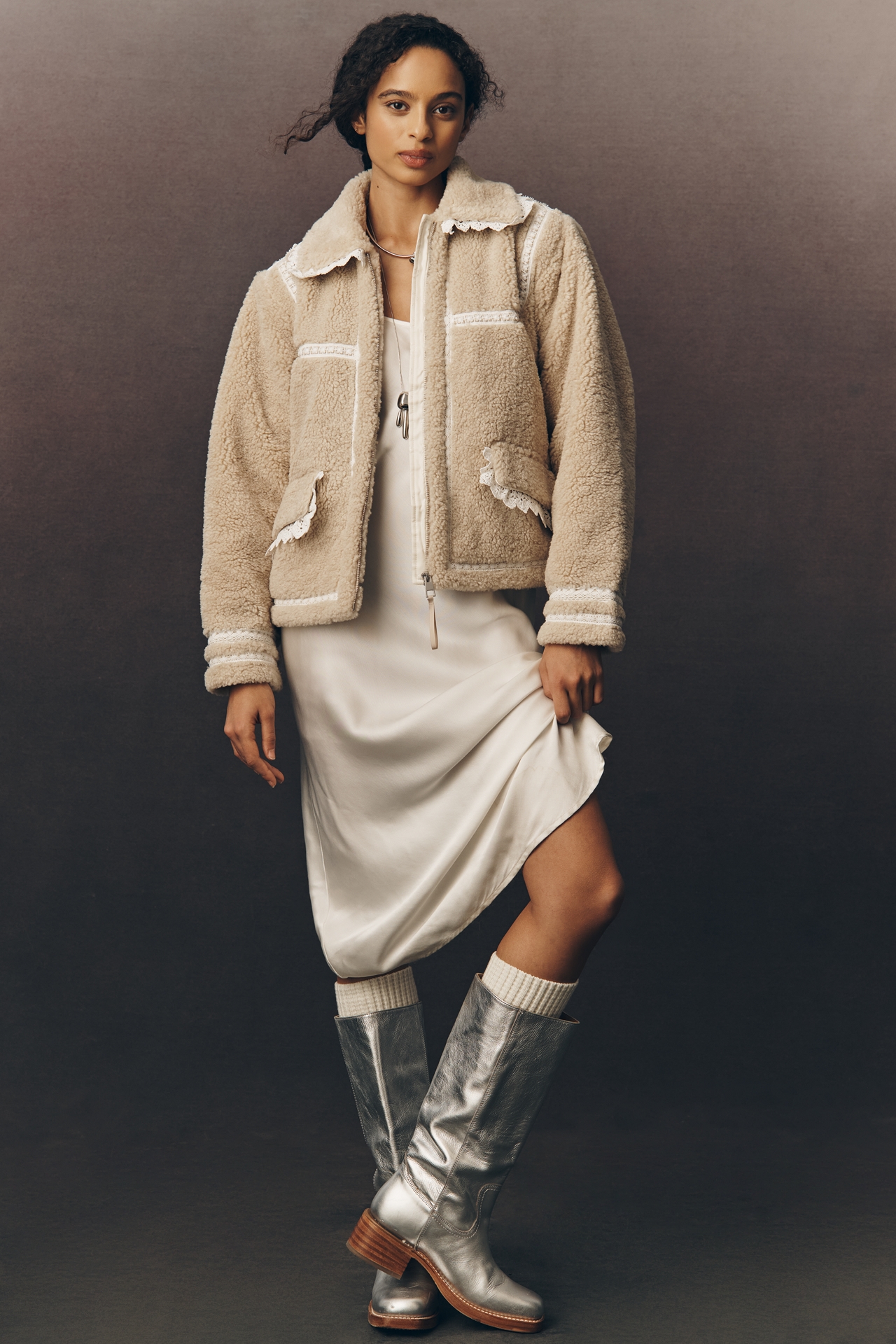 By Anthropologie Sherpa Fleece Lace-Trim Crop Jacket