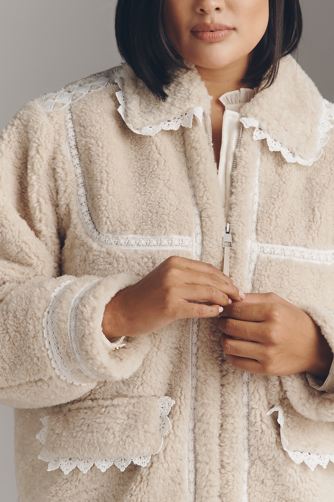 By Anthropologie Sherpa Fleece Lace-Trim Crop Jacket