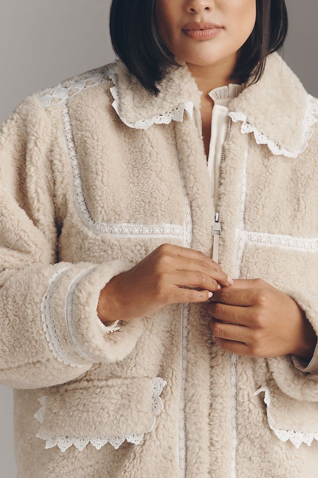 By Anthropologie Sherpa Fleece Lace-Trim Crop Jacket | Anthropologie