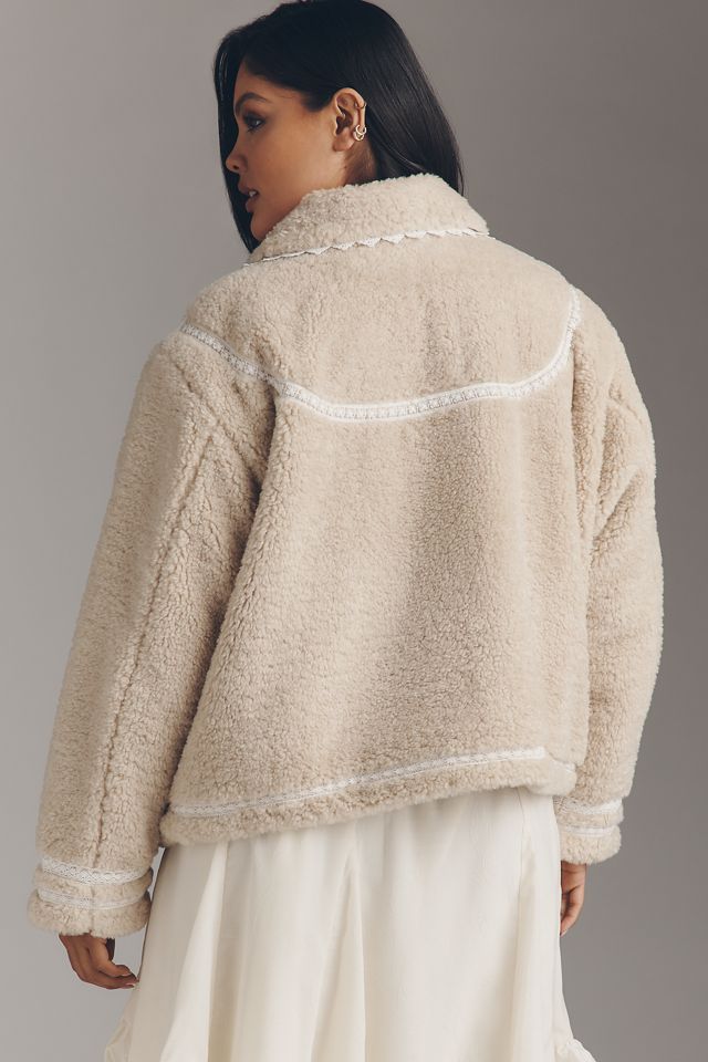 By Anthropologie Sherpa Fleece Lace-Trim Crop Jacket | Anthropologie