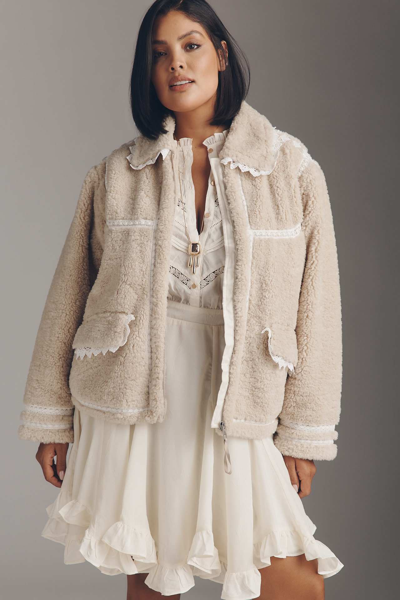 By Anthropologie Sherpa Fleece Lace-Trim Crop Jacket