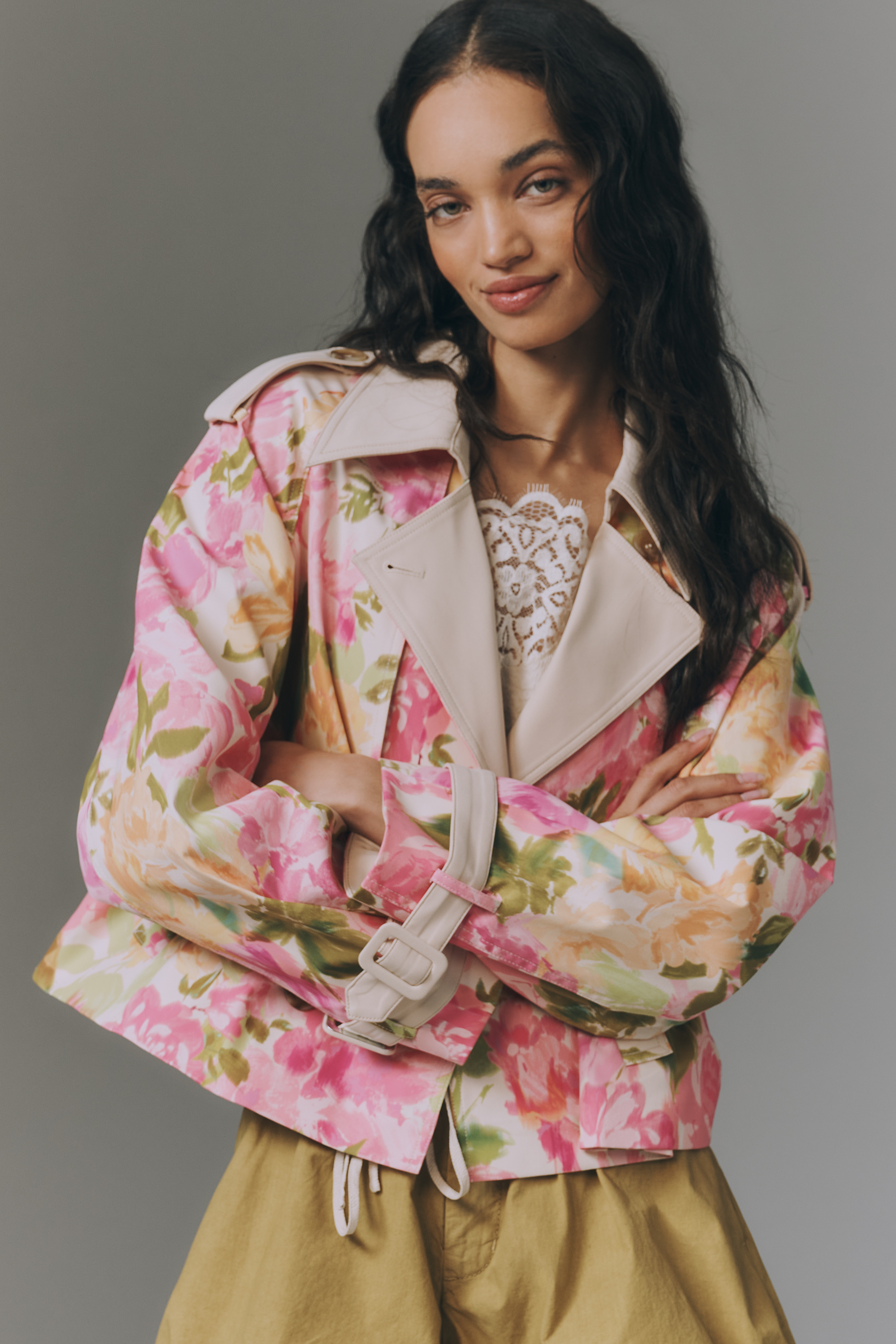 Retro Floral Cropped Trench Coat - Image 1