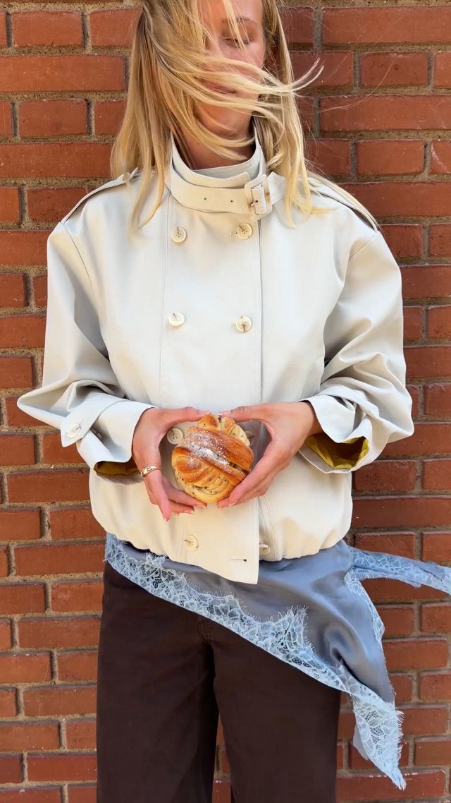 Maeve Retta Funnel-Neck Double-Breasted Short Trench Coat #5