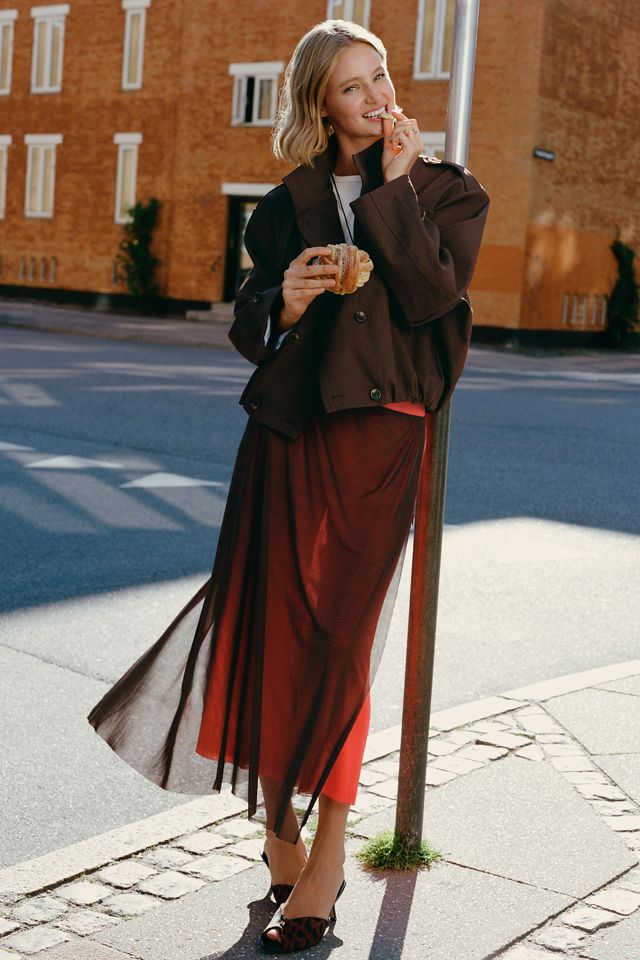 Maeve Retta Funnel-Neck Double-Breasted Short Trench Coat #1