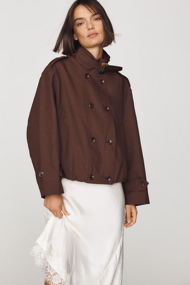 Maeve Retta Funnel-Neck Double-Breasted Short Trench Coat #2