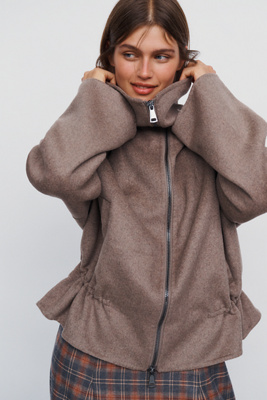 Maeve Peplum Funnel-neck Jacket In Beige