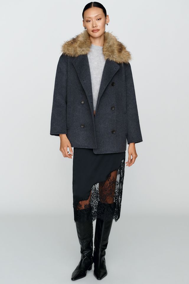 Maeve Faux Fur Collar Pea Coat #3