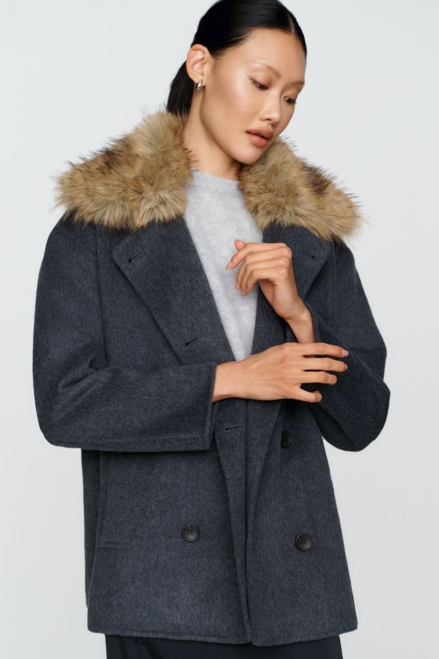 Maeve Faux Fur Collar Pea Coat #4