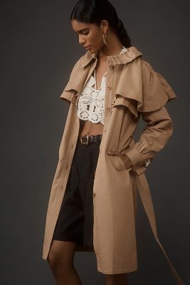 Shop Mille Renata Ruffle Trench Coat Jacket In Beige