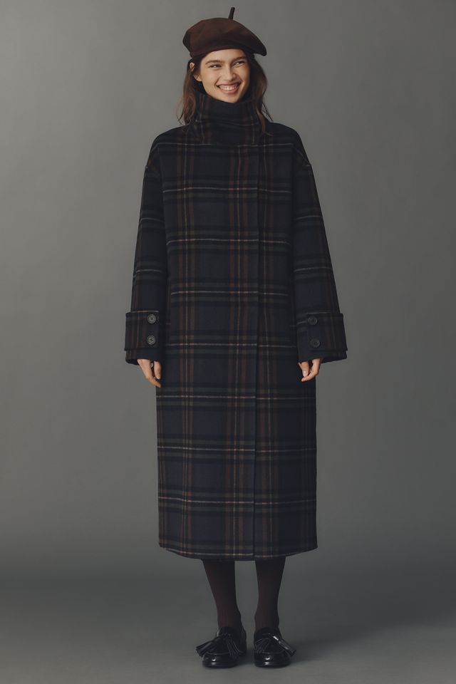 By Anthropologie Wool Blend Check Funnel-Neck Coat #4