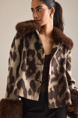 By Anthropologie Faux-Fur Trim Leopard Coat