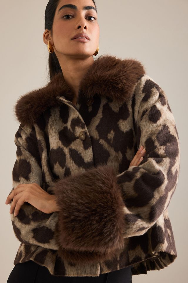 By Anthropologie Faux-Fur Trim Leopard Coat #7