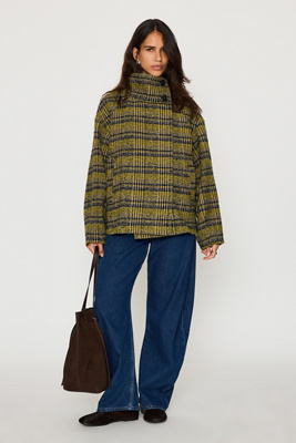 By Anthropologie Lime Boucle Funnel-neck Jacket In Multi