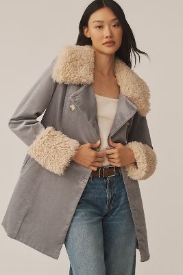 By Anthropologie Faux-fur Collar Coat Jacket In Blue