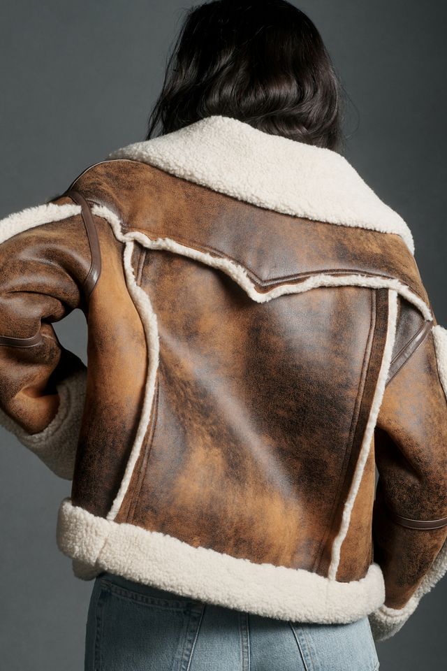 Stand Studio Lessie Faux Leather Sherpa Collar Cropped Coat