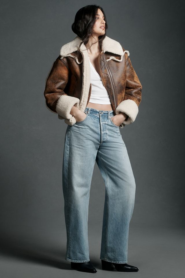 Stand Studio Lessie Faux Leather Sherpa Collar Cropped Coat