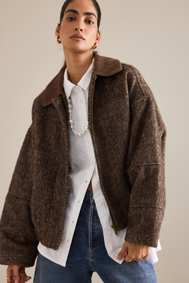 By Anthropologie Herringbone Cord Bomber Jacket In Multi