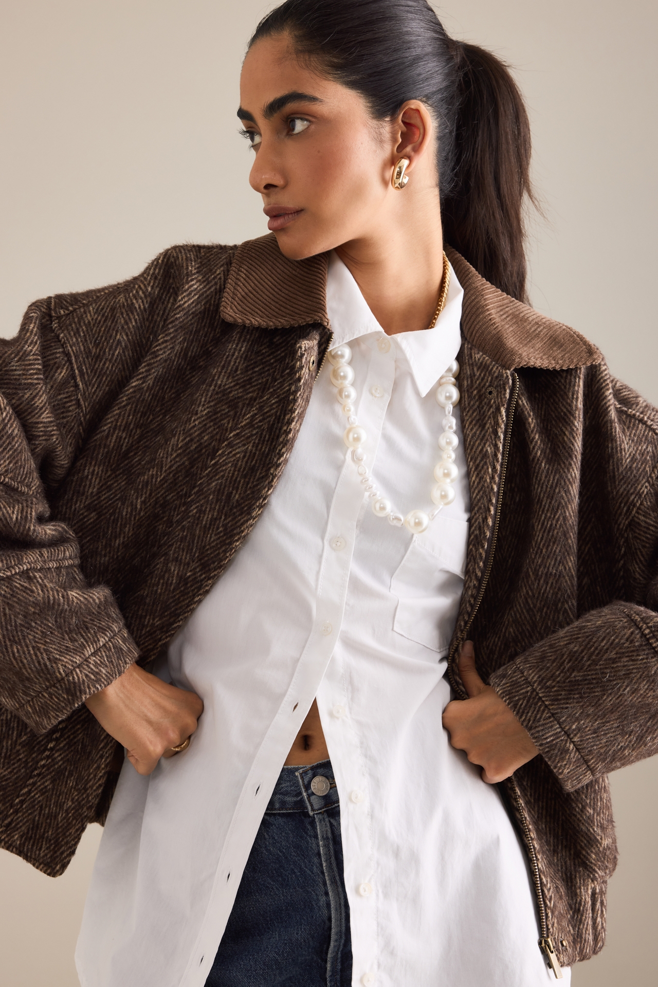 By Anthropologie Herringbone Bomber Jacket
