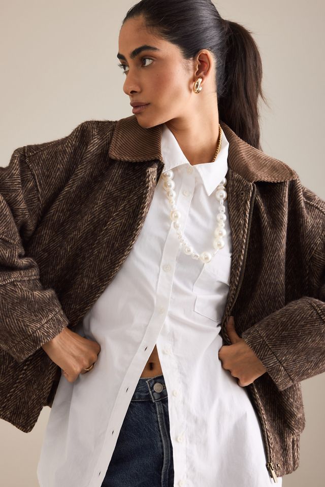 By Anthropologie Herringbone Bomber Jacket