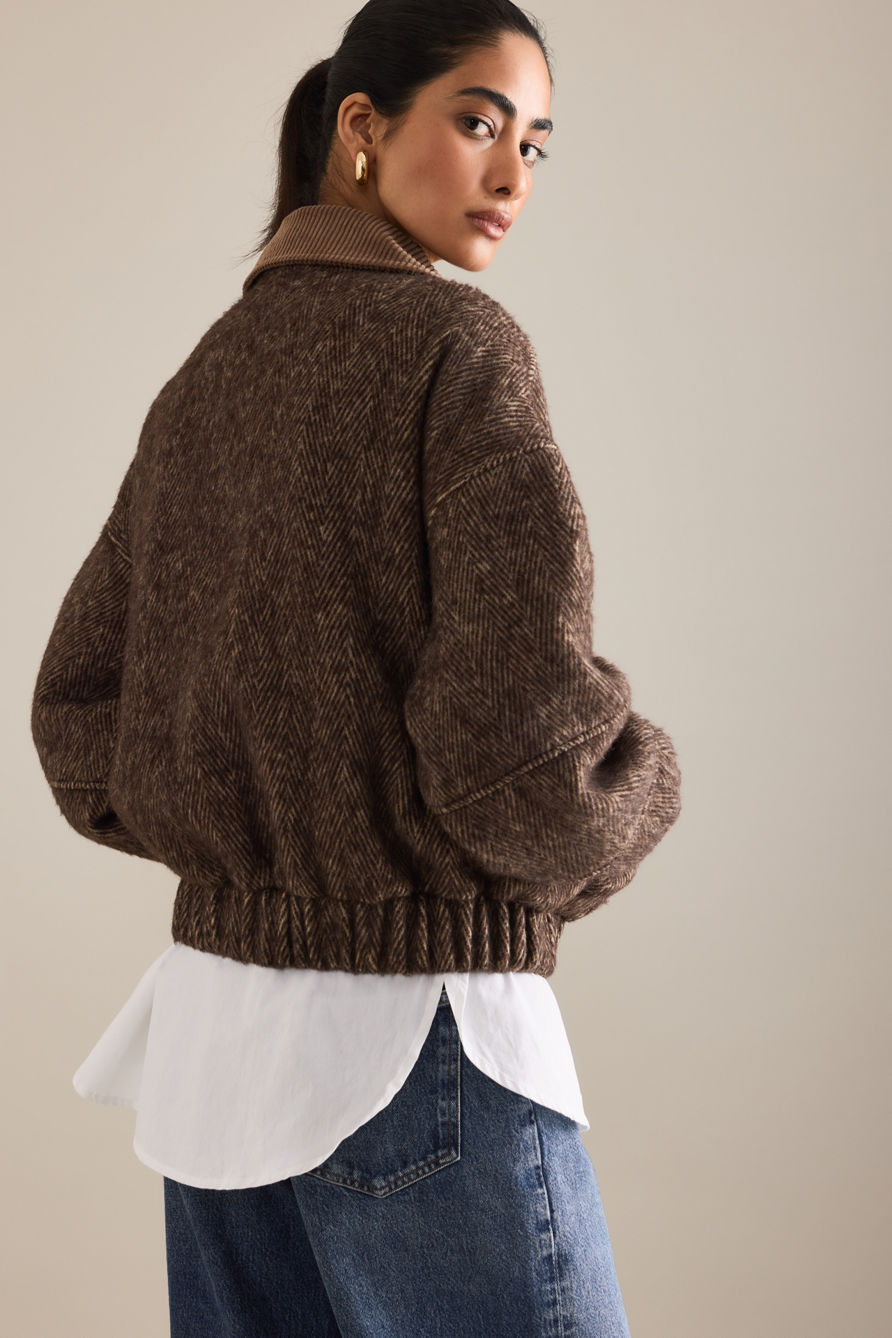 By Anthropologie Herringbone Bomber Jacket