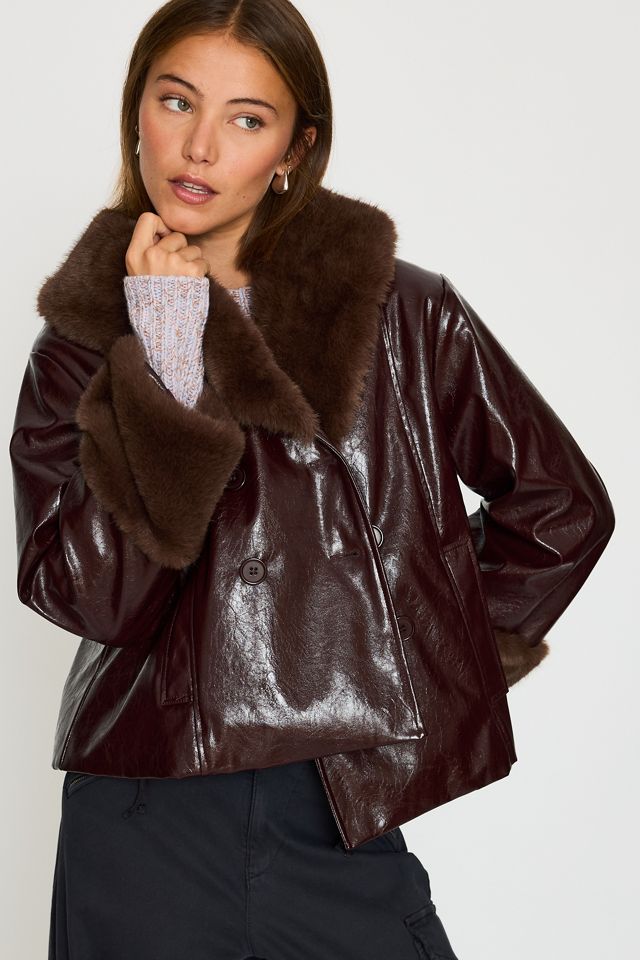 By Anthropologie PU Faux-Fur Trim Short Jacket #1