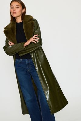 By Anthropologie PU Faux-Fur Trim Trench Coat