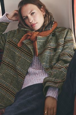 By Anthropologie Belted Check Wool-Blend Coat