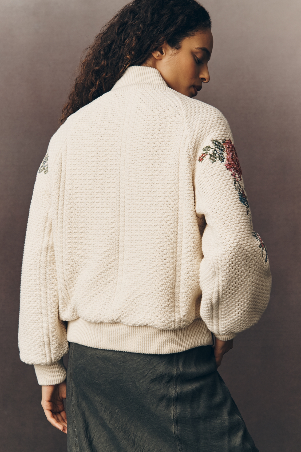 By Anthropologie Embroidered Bomber Cardigan Sweater