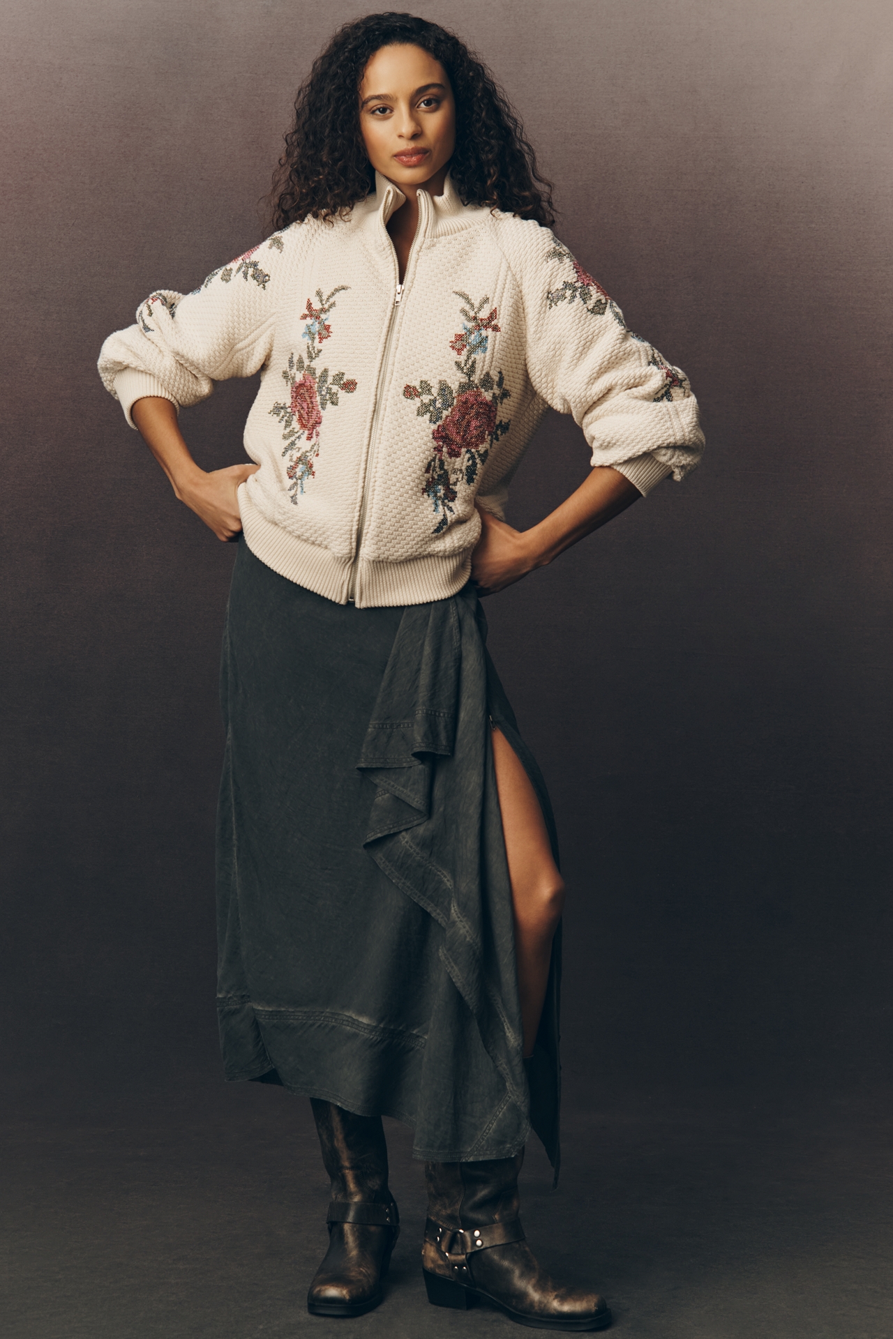 By Anthropologie Embroidered Bomber Cardigan Sweater