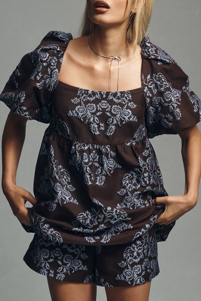 By Anthropologie Puff-Sleeve Jacquard Romper #3