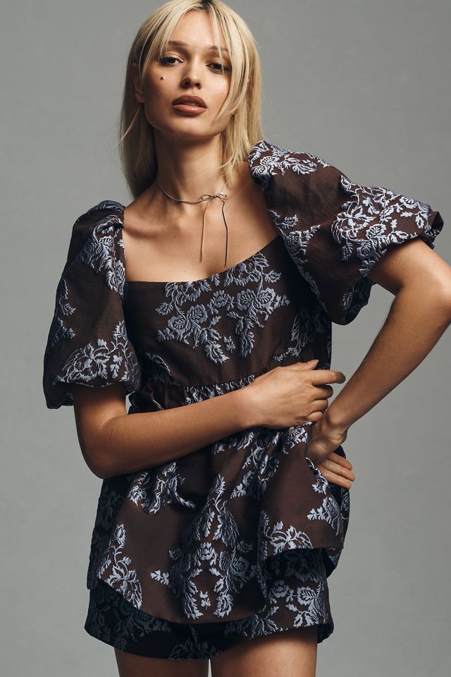 By Anthropologie Puff-Sleeve Jacquard Romper #2